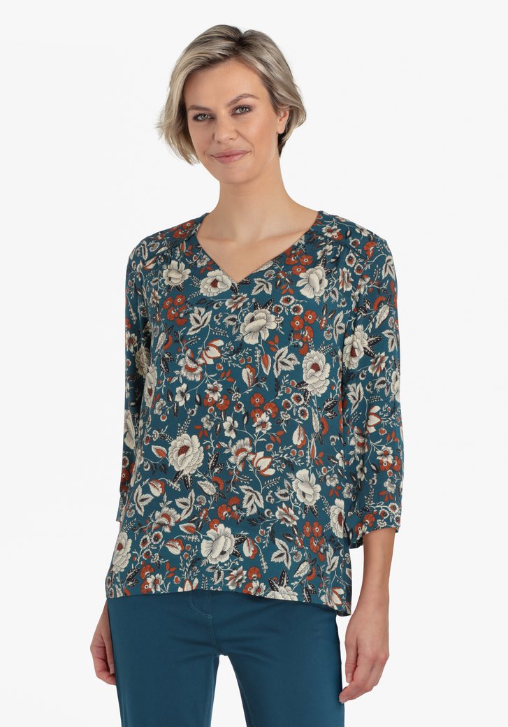 Staalblauwe blouse met bloemenprint