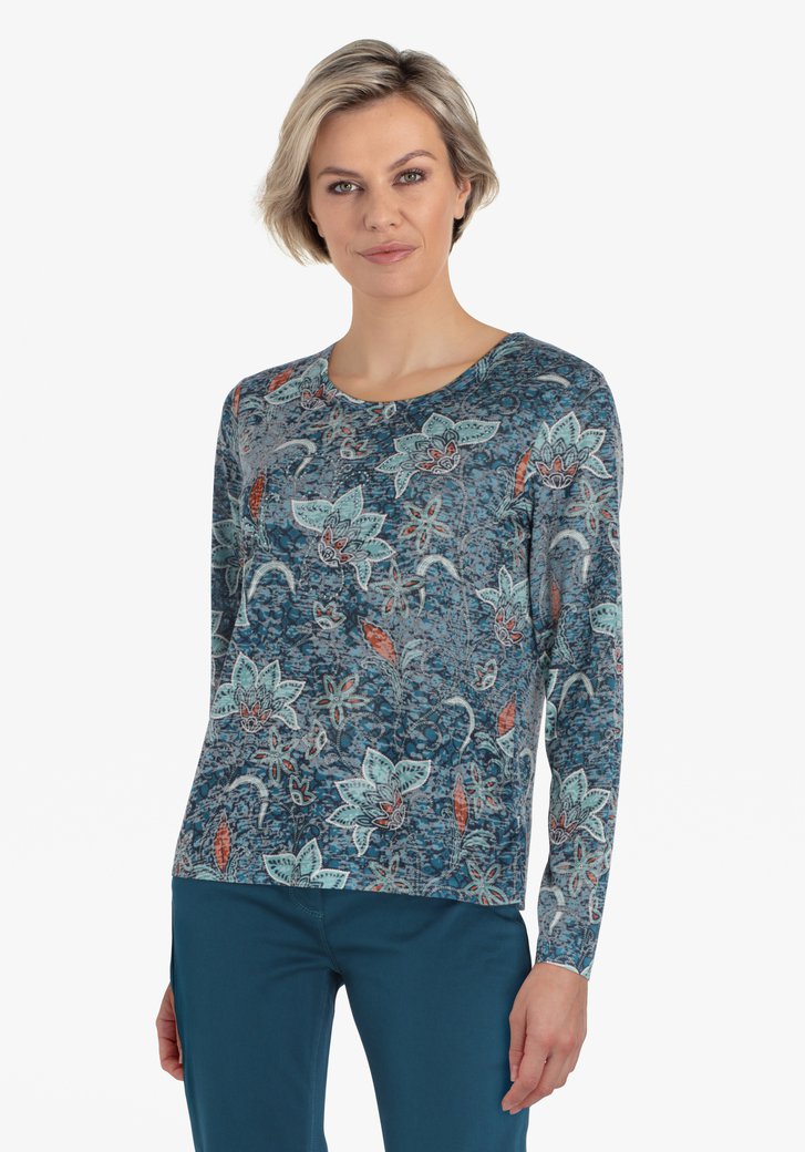 Staalblauwe T-shirt met bloemenprint