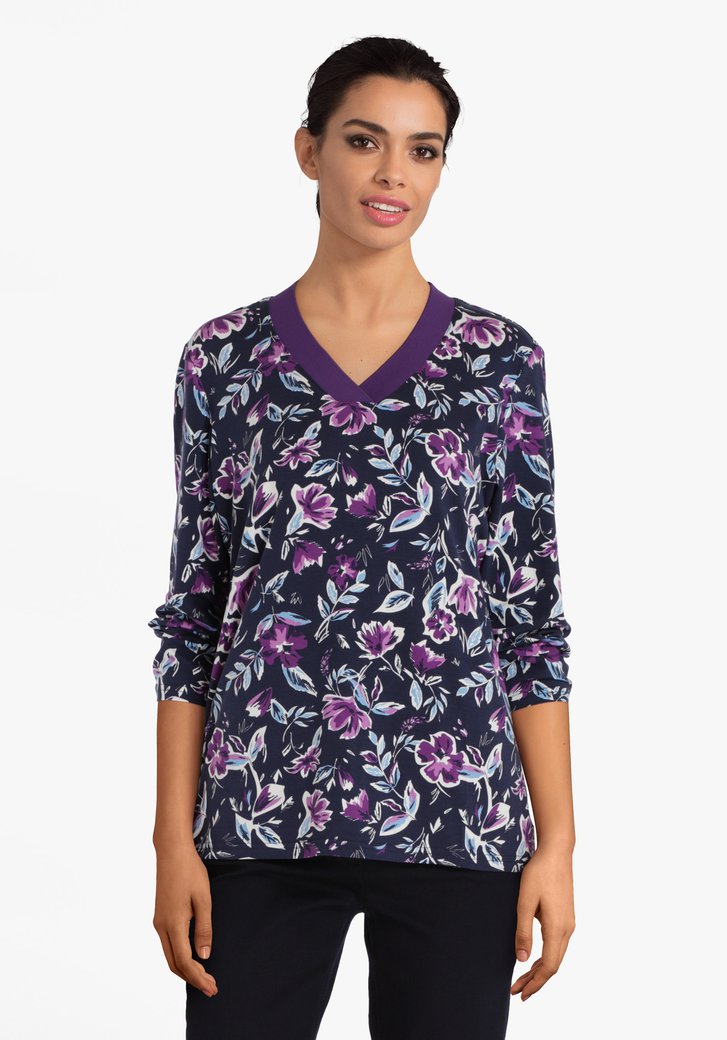 T-shirt indigo à imprimé floral bleu violet
