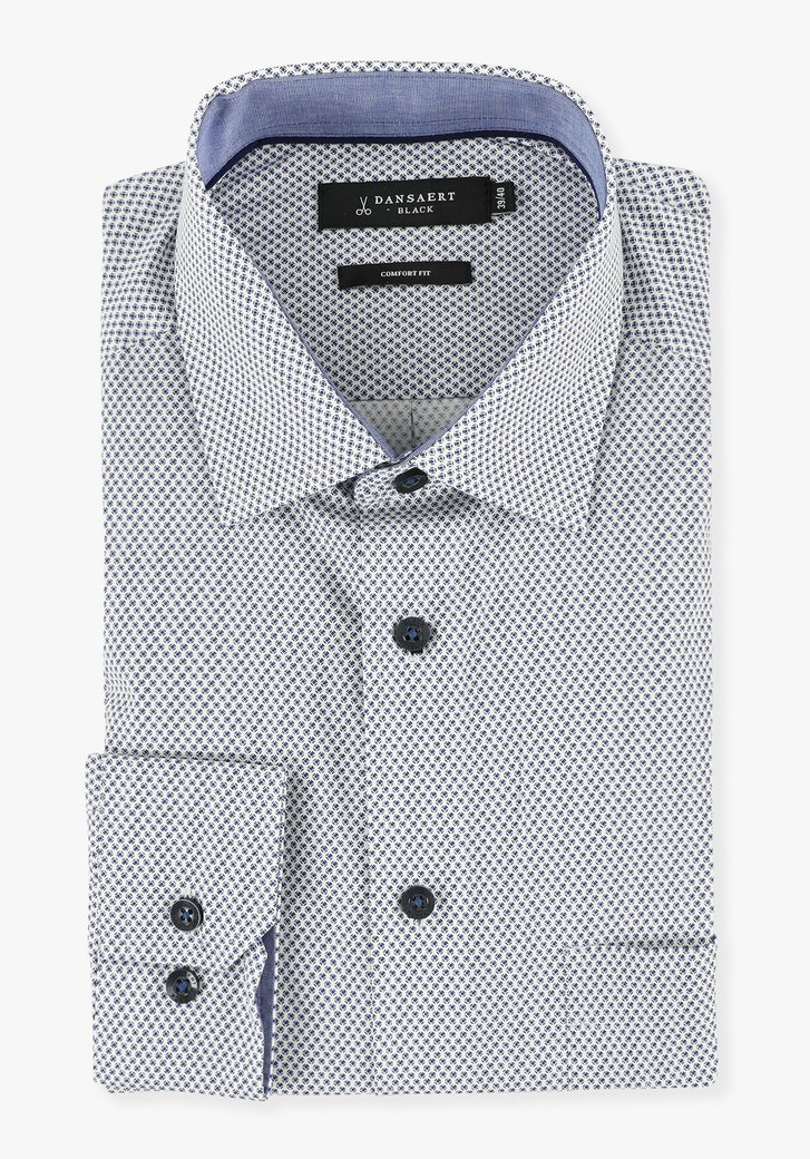 Wit hemd met navy miniprint - comfort fit